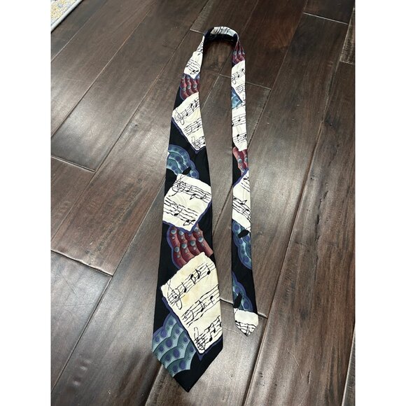 Vintage Deco Mode Upbeat Necktie Music Themed Silk Tie Black Abstract Notes - Picture 6 of 8